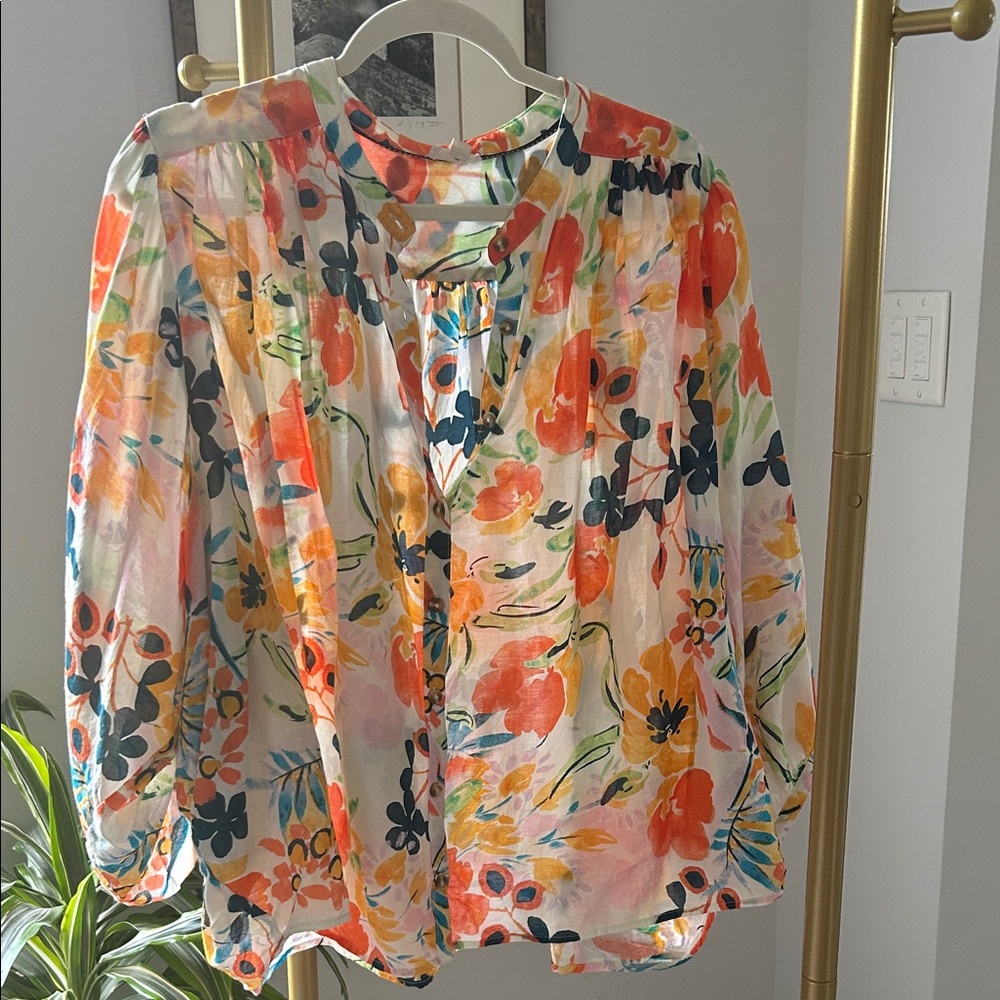 Women's Floral Button-Front Blouse - Pilcro by Anthropologie - Orange Multi